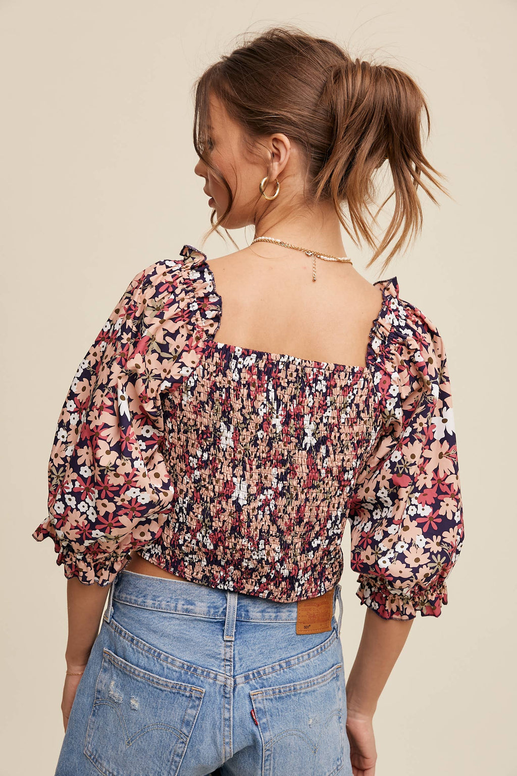 Floral Puff Sleeve Smocked Crop Top
