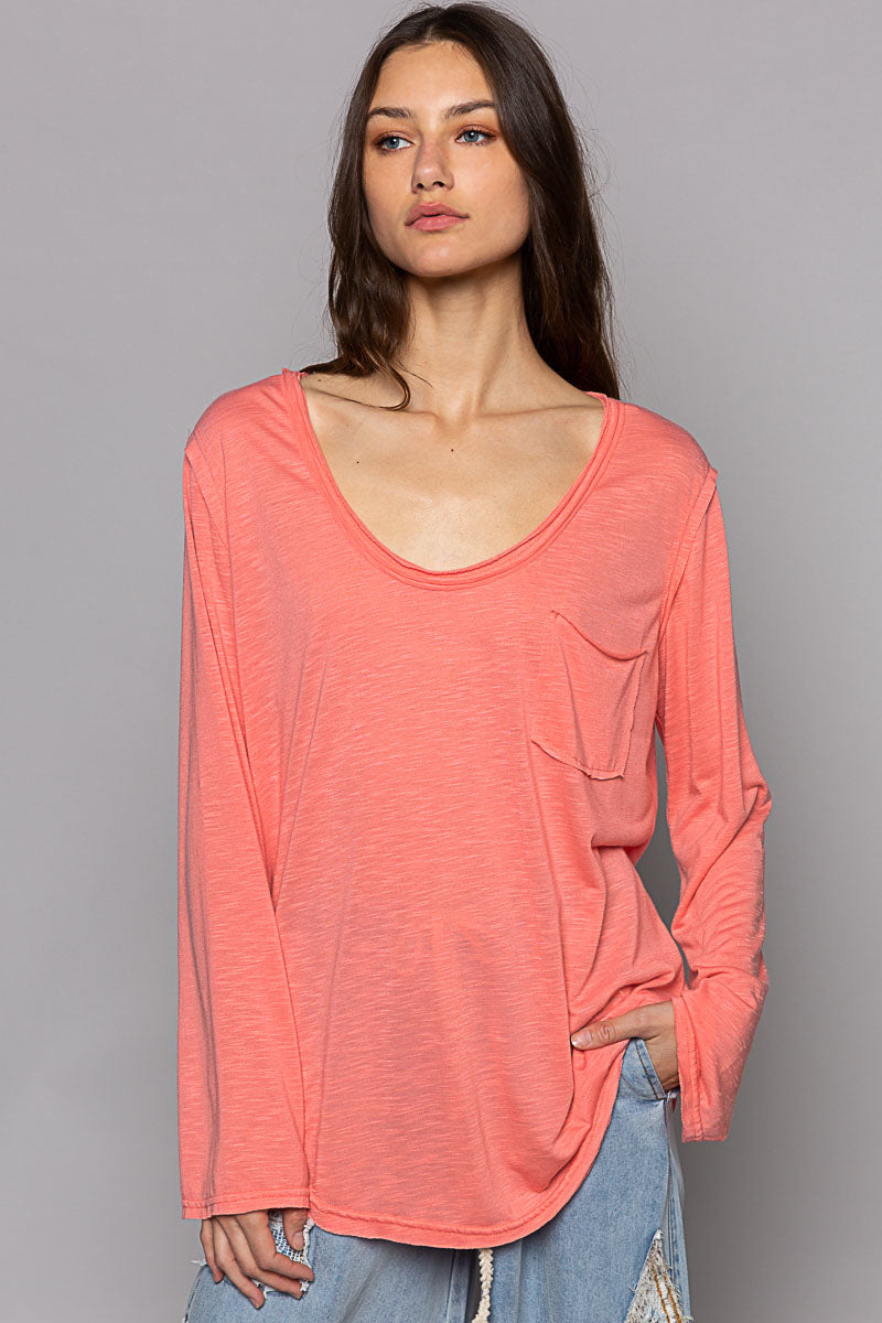POL - Coral Long Sleeve Pocket Tee