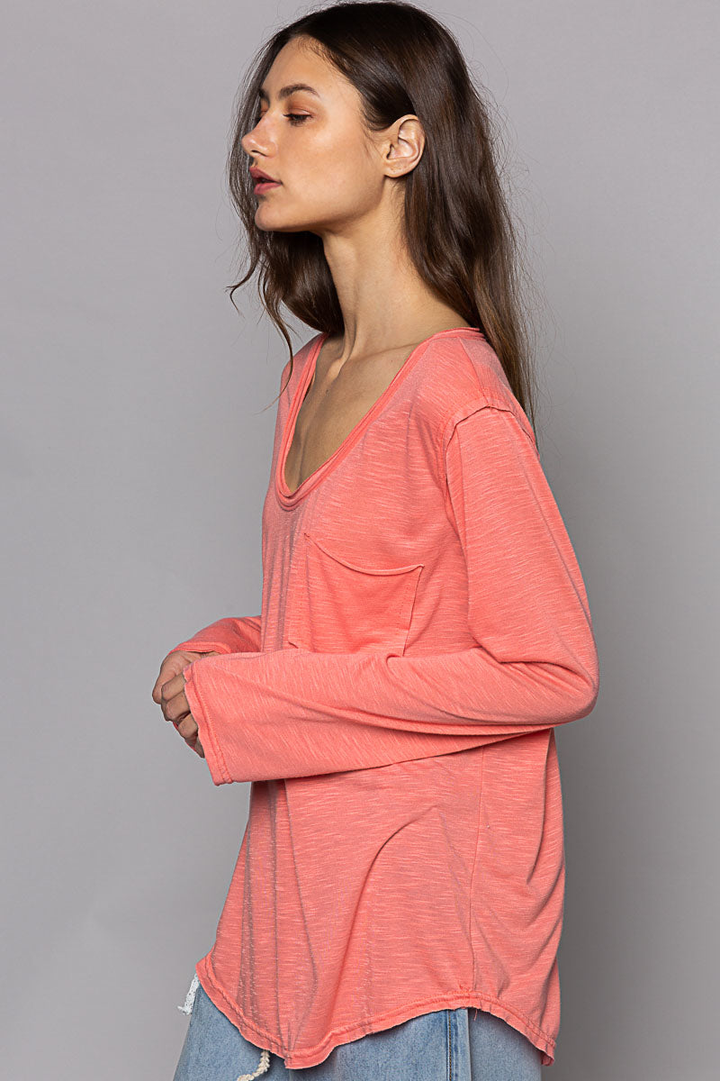 POL - Coral Long Sleeve Pocket Tee