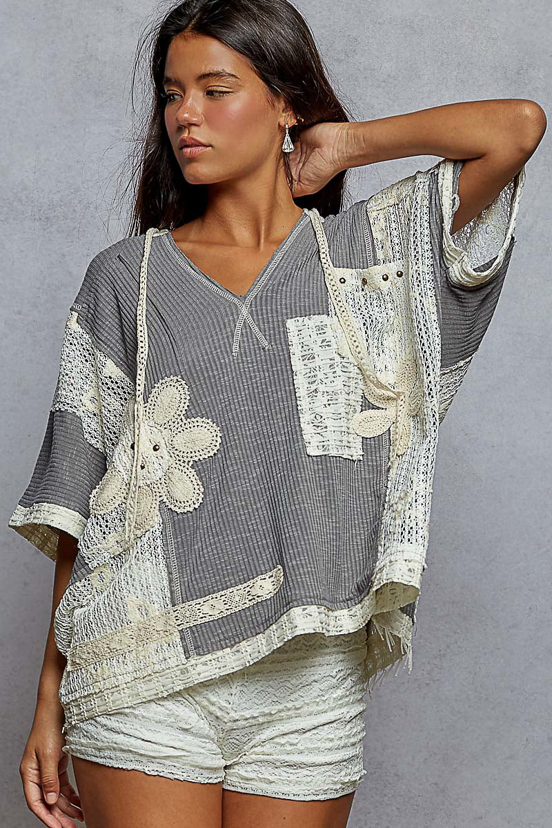 POL - V-Neck Short Sleeve Crochet Contrast Solid Top