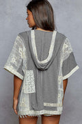 POL - V-Neck Short Sleeve Crochet Contrast Solid Top
