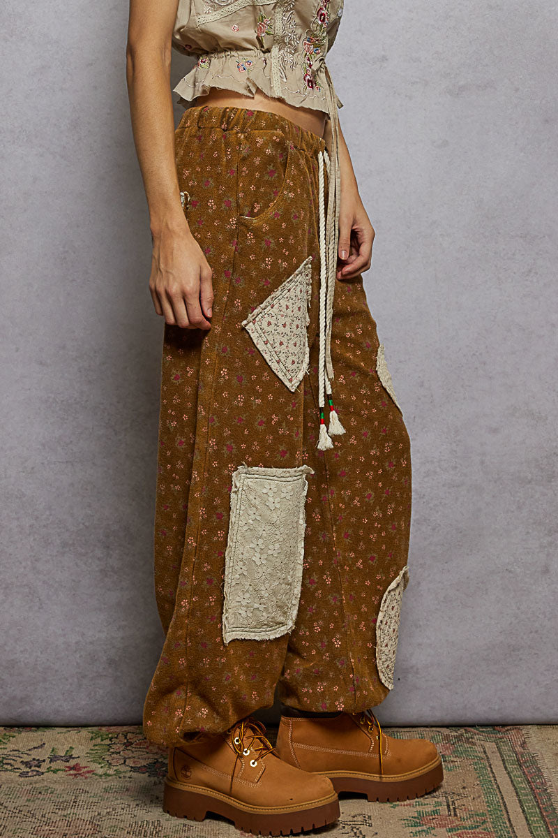 POL - French Terry Pants with Varied Lace and Woven Patches and Accented Drawstring.
