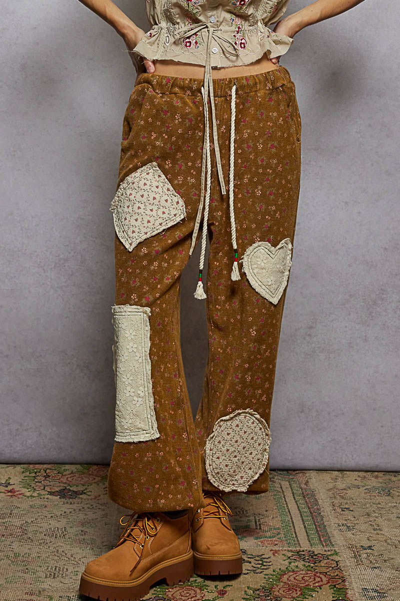 POL - French Terry Pants with Varied Lace and Woven Patches and Accented Drawstring.