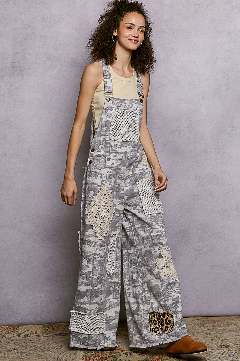 POL - Almond Camo Overalls w/ Crochet Accents