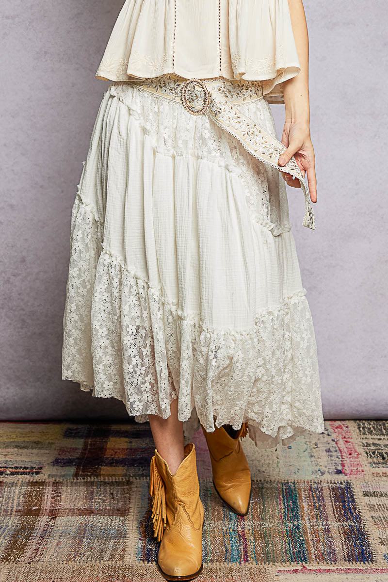 POL - Double Gauze Raw Edge Lace Patch Solid Maxi Skirt