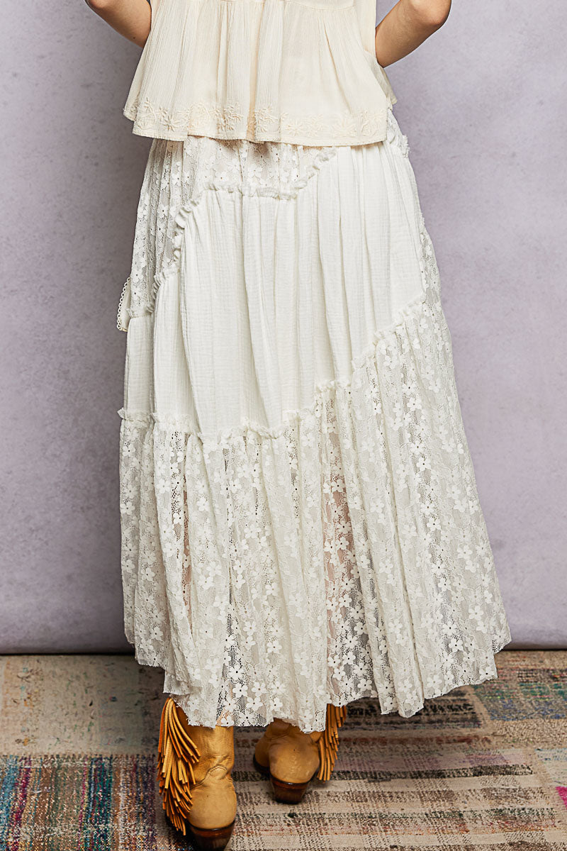 POL - Double Gauze Raw Edge Lace Patch Solid Maxi Skirt