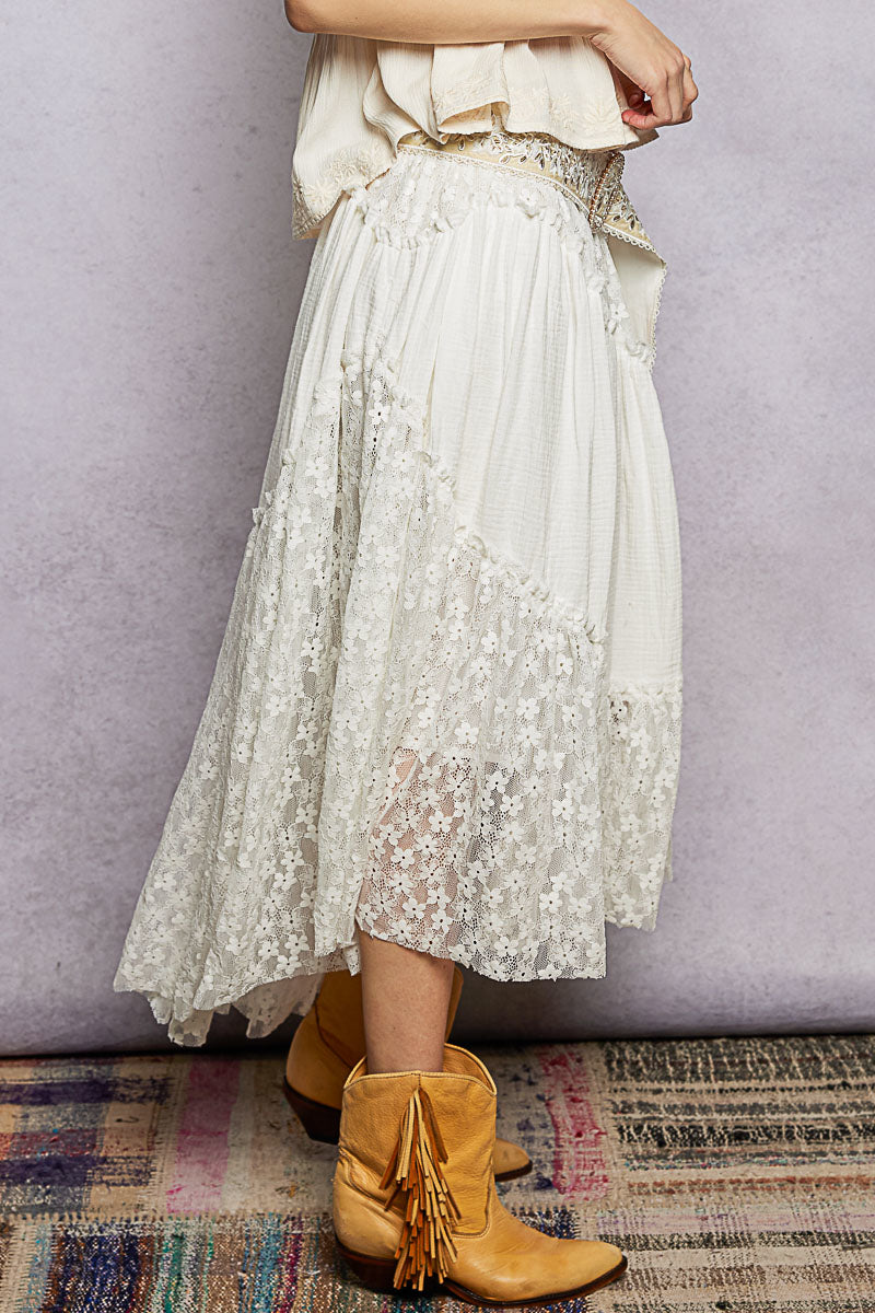 POL - Double Gauze Raw Edge Lace Patch Solid Maxi Skirt