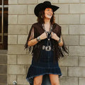 Lucky & Blessed - Brown Suede Hand Stitch Collar Cape W Fringe