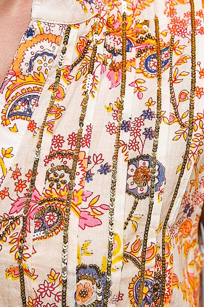 Sleeveless Printed Pintuck Spangle Button Down Dress