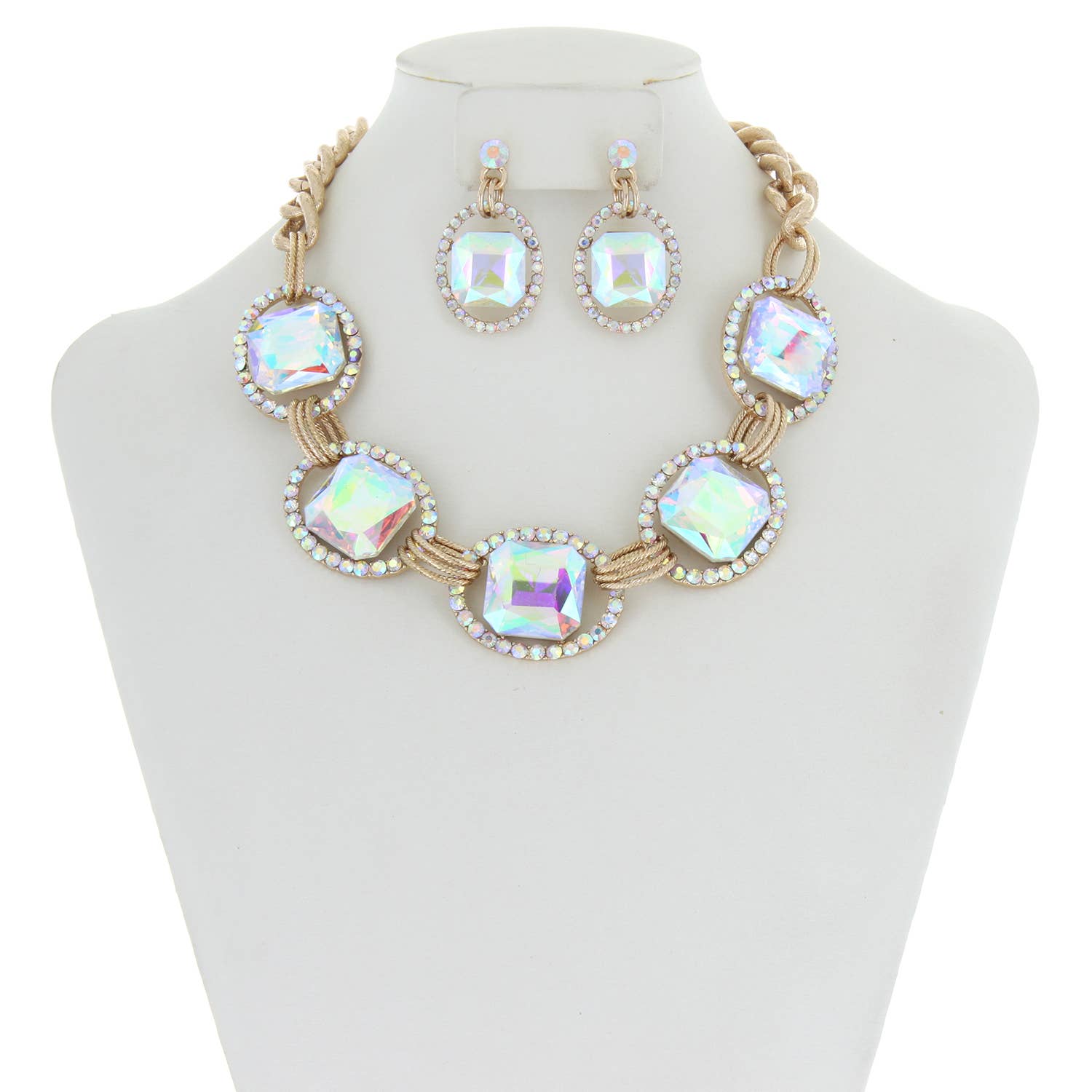 Chunky Oval Rhinestone Gem Link Necklace Set