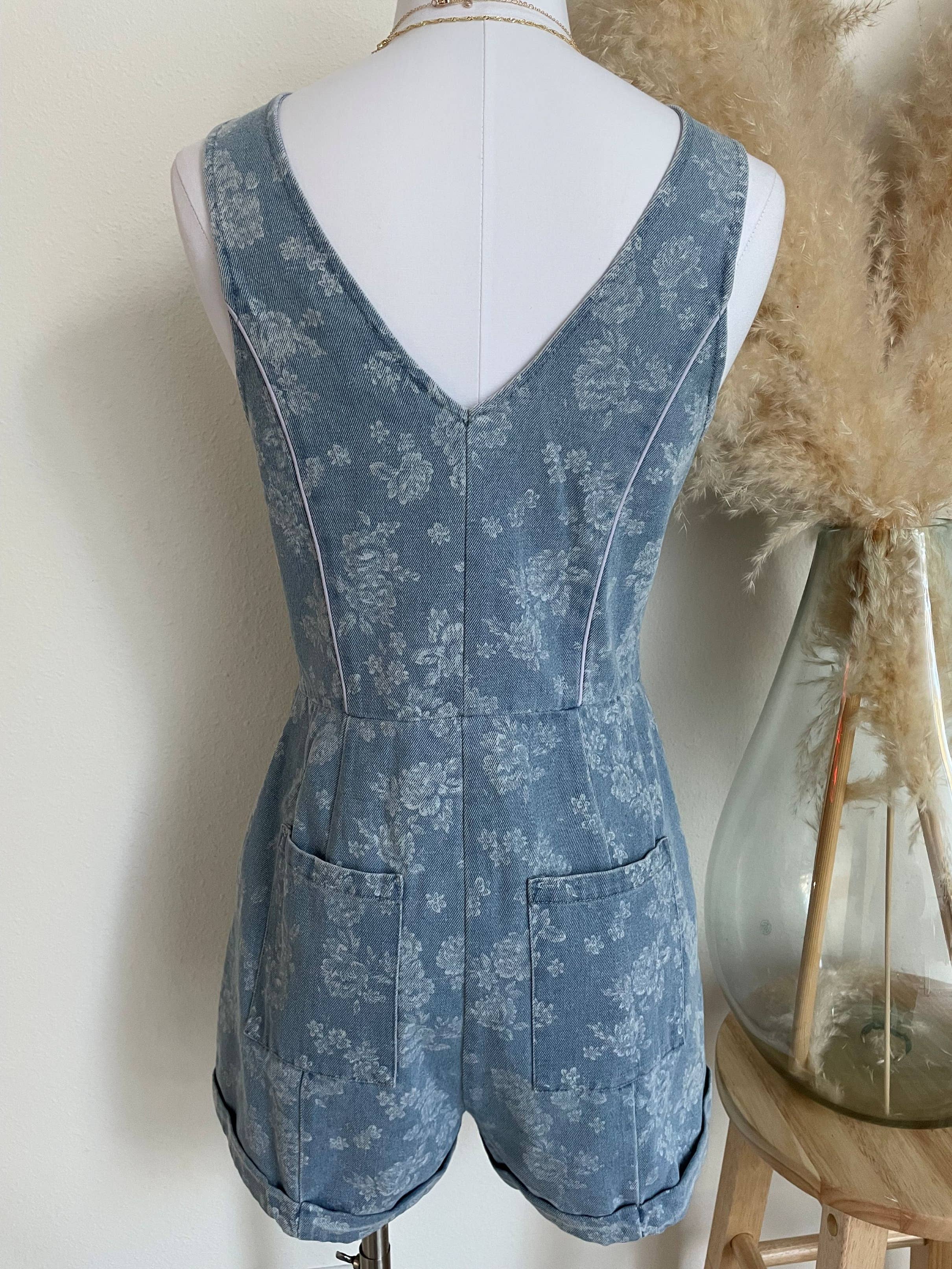 V NECK BUTTON FRONT DENIM ROMPER