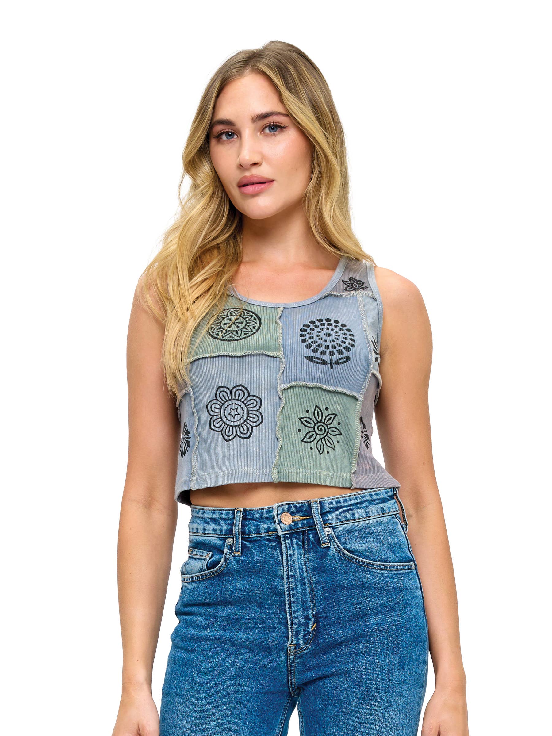 Boho Patchwork Ribbed Crop Tank Top Art Painted