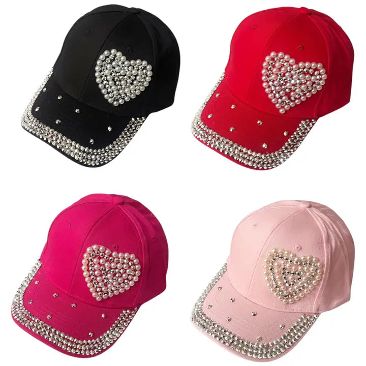 Bling Rhinestone Pearl Heart Baseball Cap