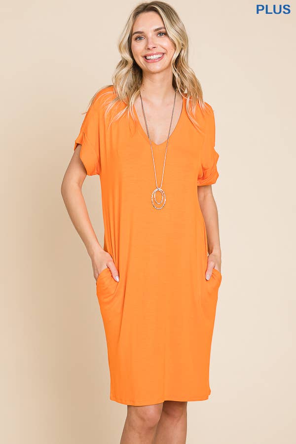 PLUS SIZE RELAXED V NECK ROLL OVER SLV T-SHIRT DRESS