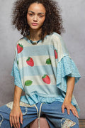Round Neck Short Sleeve Strawberry Print Ruffle Sweater Top