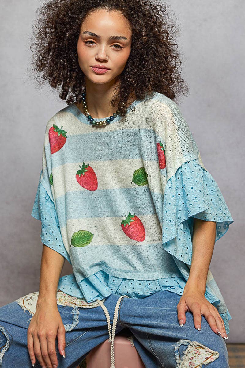 Round Neck Short Sleeve Strawberry Print Ruffle Sweater Top