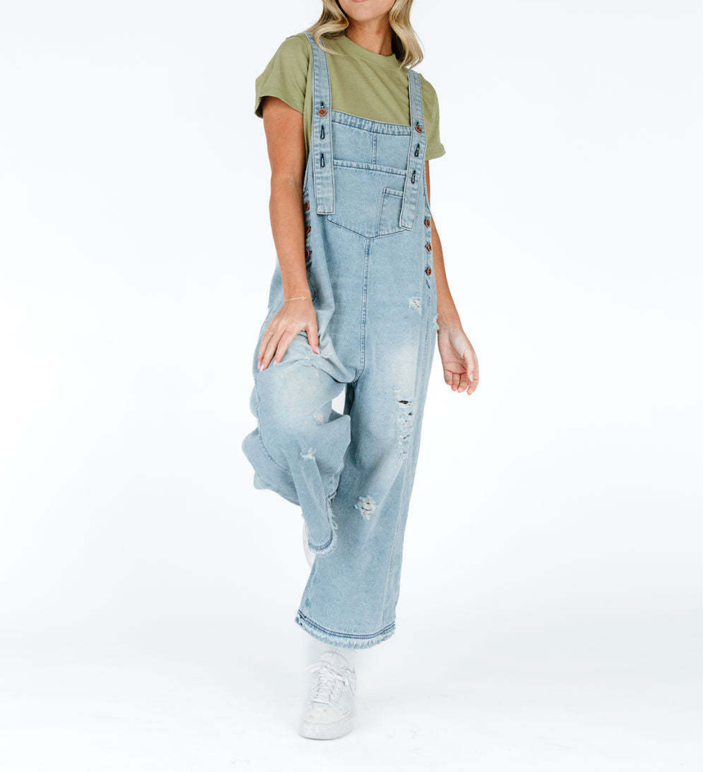 Women's Wide Leg Jumpsuit with Ripped Details Denim Overalls