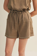 High-Waist Drawstring Frayed Trim Shorts