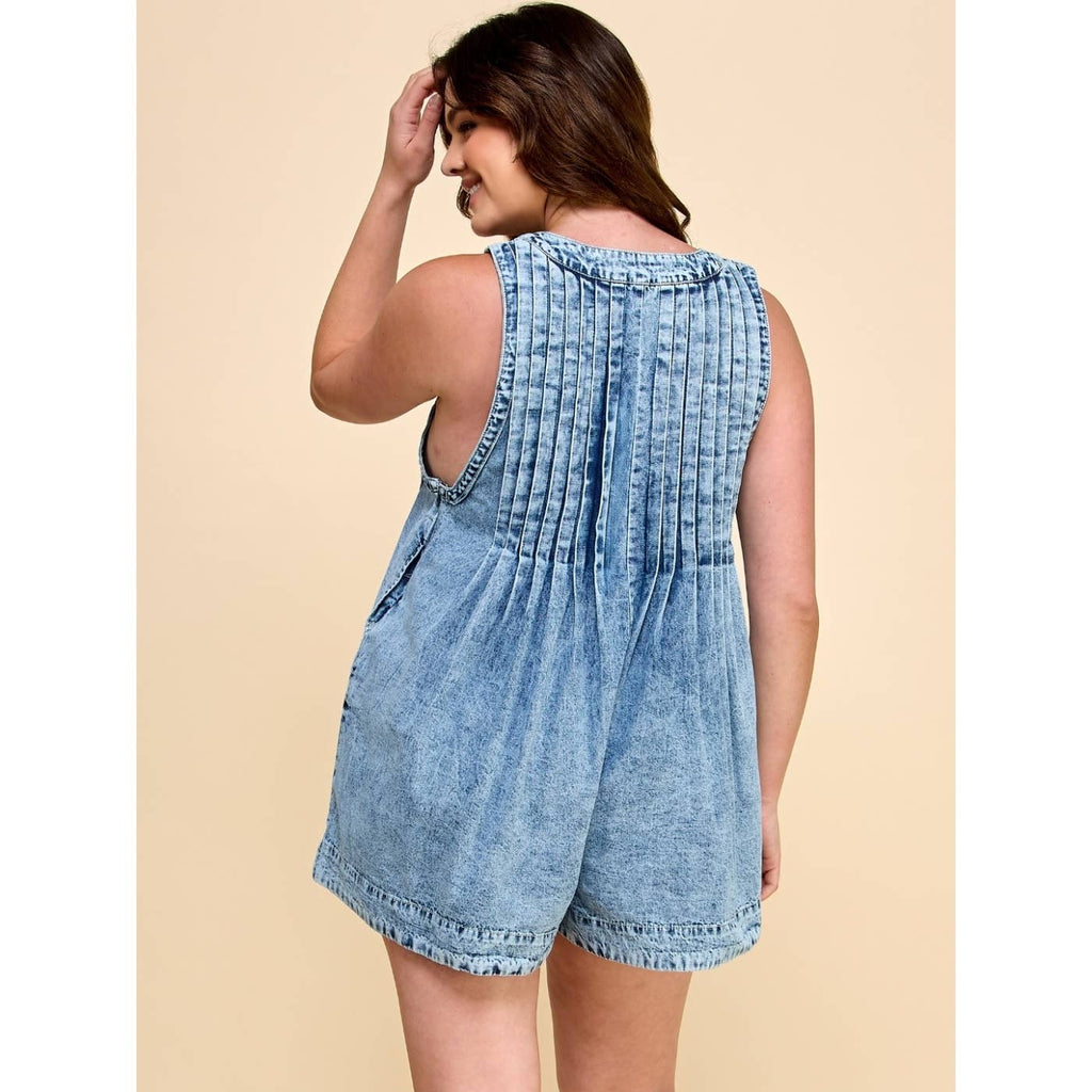 Plus Size Front Pleated V Neck Sleeveless Denim Romper