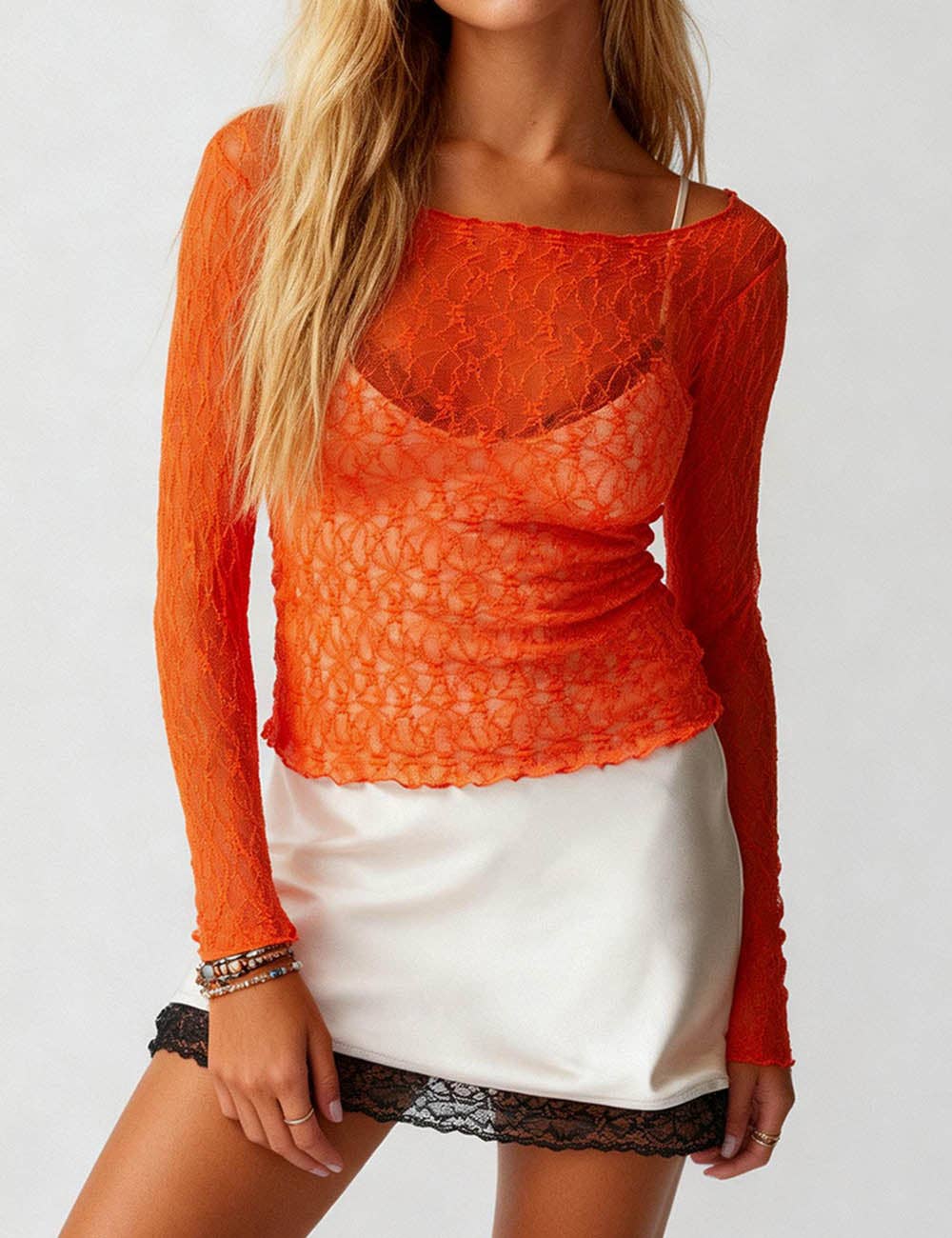 Ladies Round Neck Long Sleeves Sheer Lace Layering Top