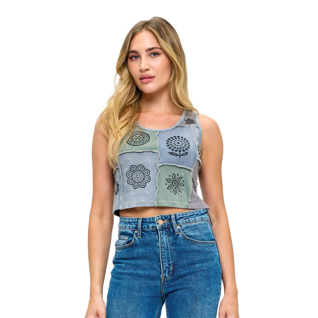 Boho Patchwork Ribbed Crop Tank Top Art Painted