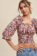 Floral Puff Sleeve Smocked Crop Top