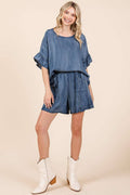 WASHED CHAMBRAY ELASTIC WAIST EASY FIT SHORTS