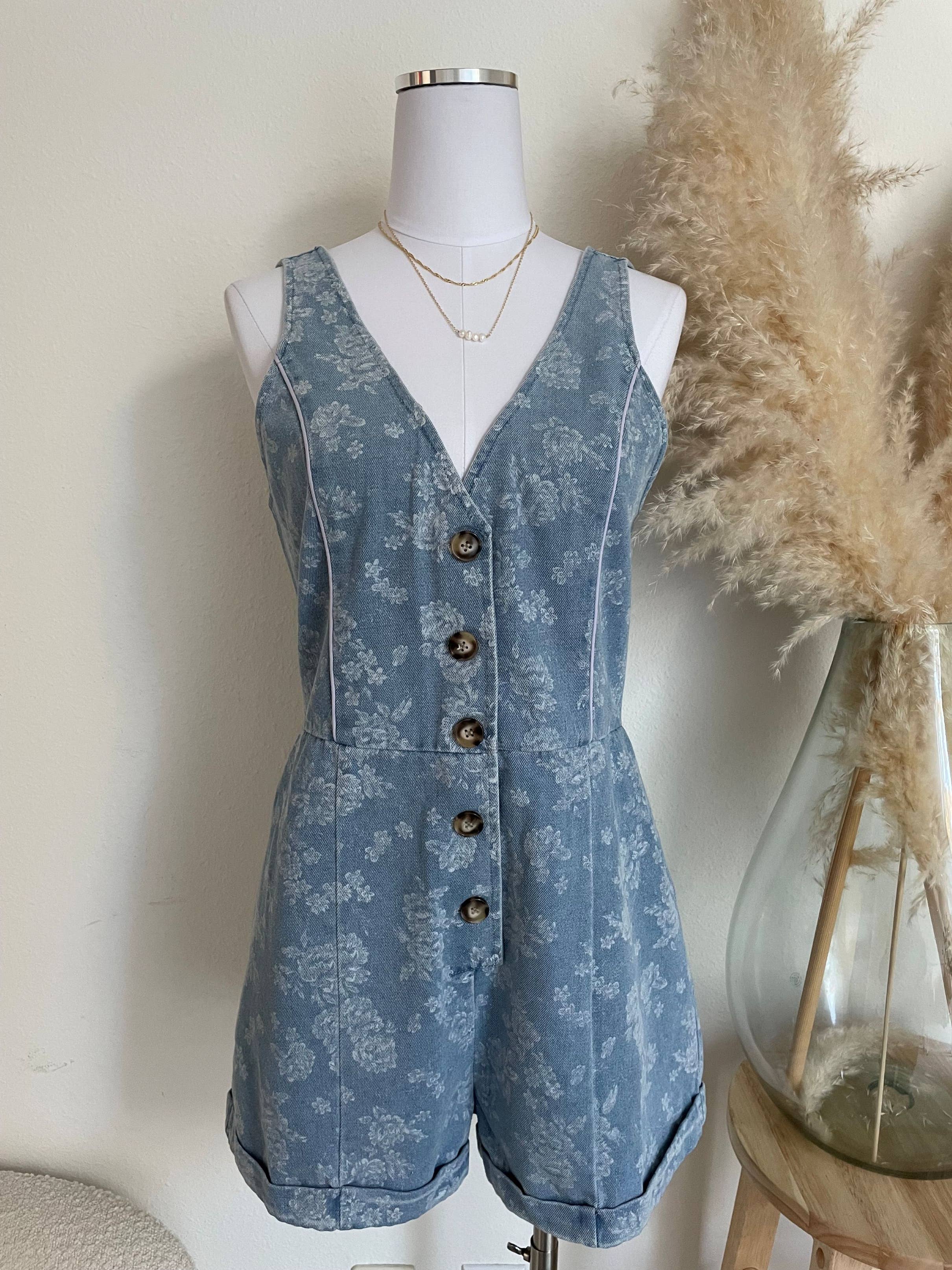 V NECK BUTTON FRONT DENIM ROMPER