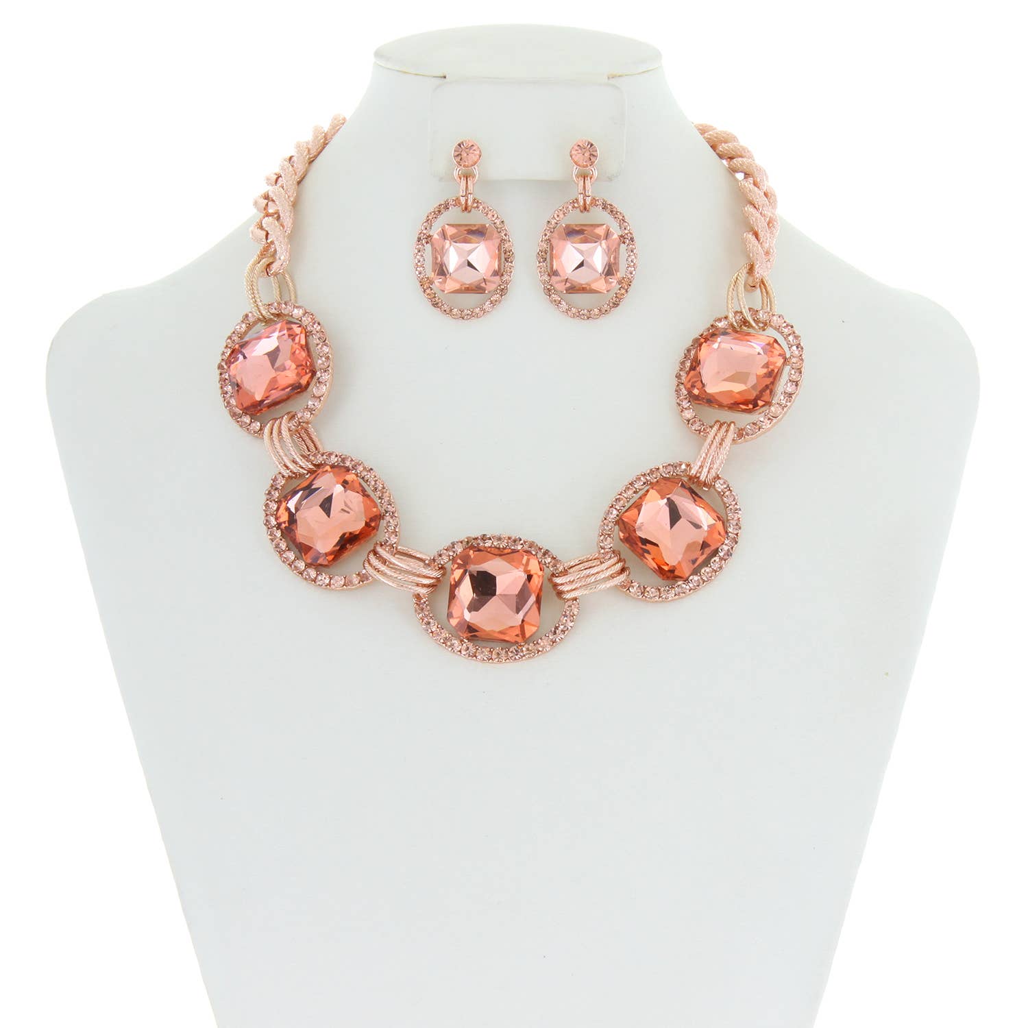 Chunky Oval Rhinestone Gem Link Necklace Set