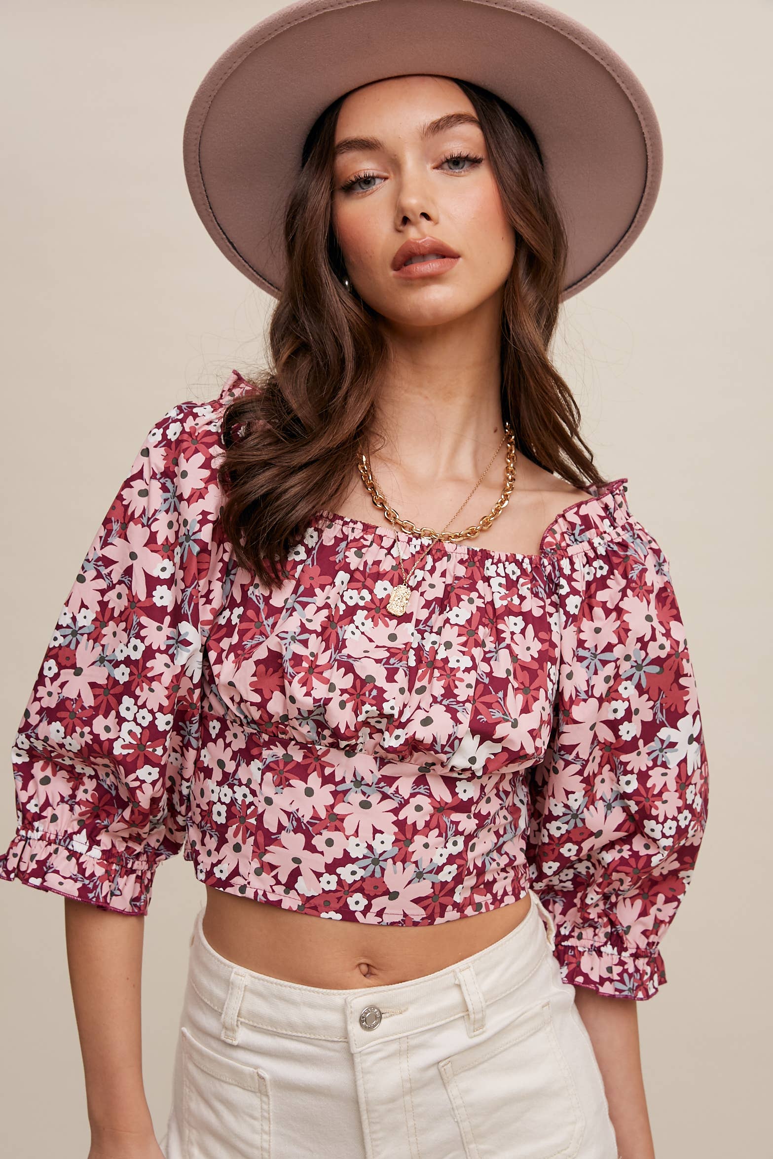 Floral Puff Sleeve Smocked Crop Top