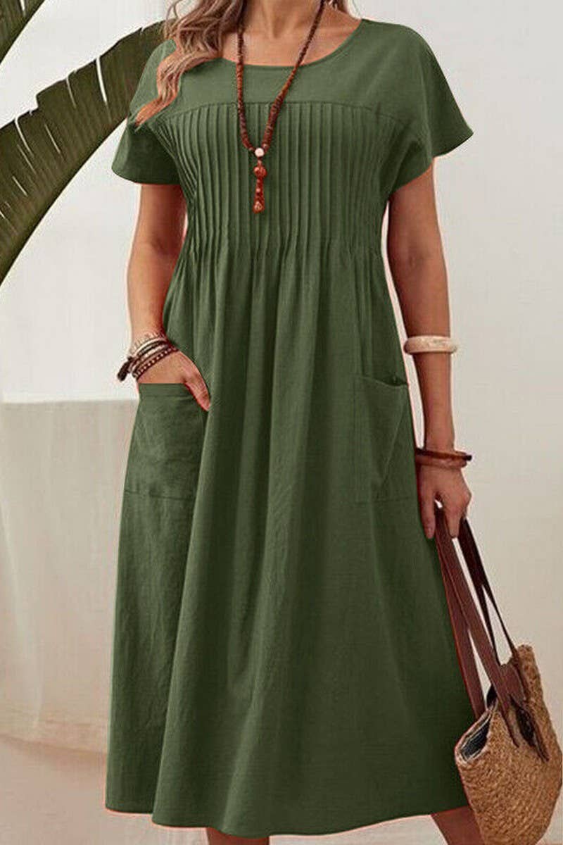 CWDMD3158_ROUND NECK POCKET PLEATED COTTON AND LINEN DRESS