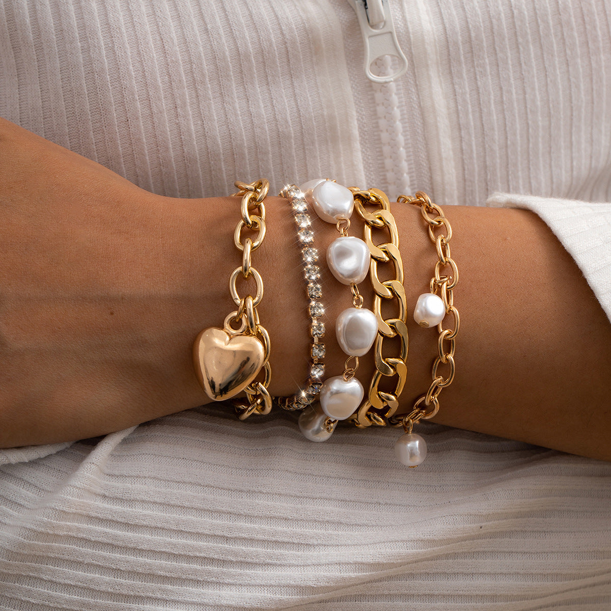 Valentine Heart Pearl Beaded Multi Layered Bracelet Set
