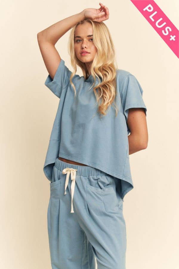 Plus - Garment-Wash Pleated Top & Pants Set