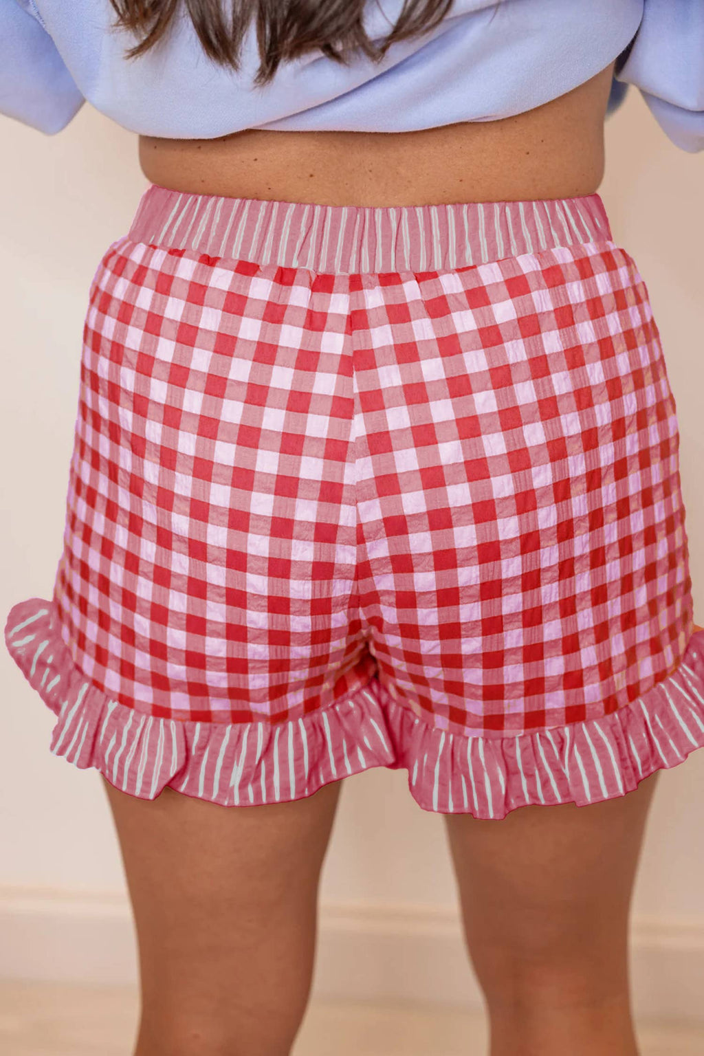 66 Floral Striped Ruffle Hem Lace Tie Shorts (S-XL)