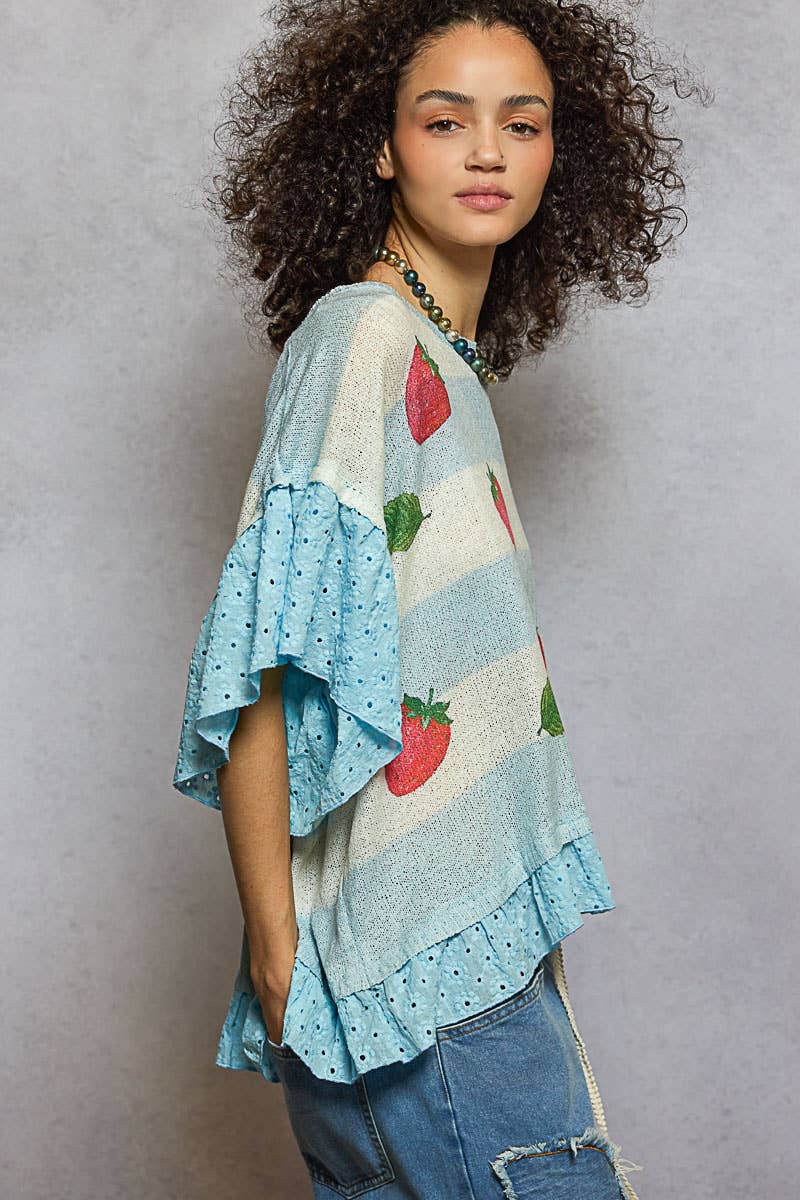 Round Neck Short Sleeve Strawberry Print Ruffle Sweater Top