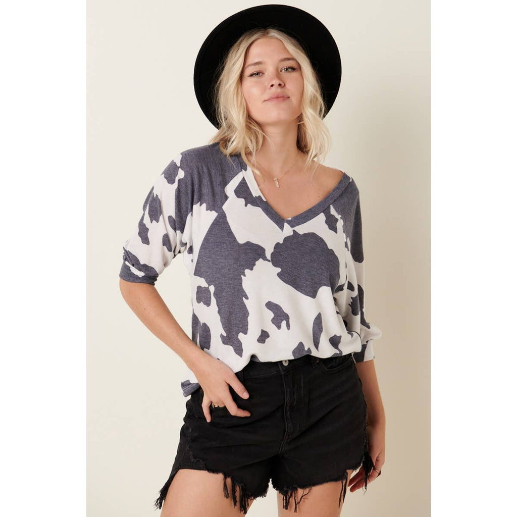 COW PRINT RAGLAN SLEEVE KNIT TOP