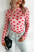 Valentines Heart Mock Neck Sheer Mesh Long Sleeve Top