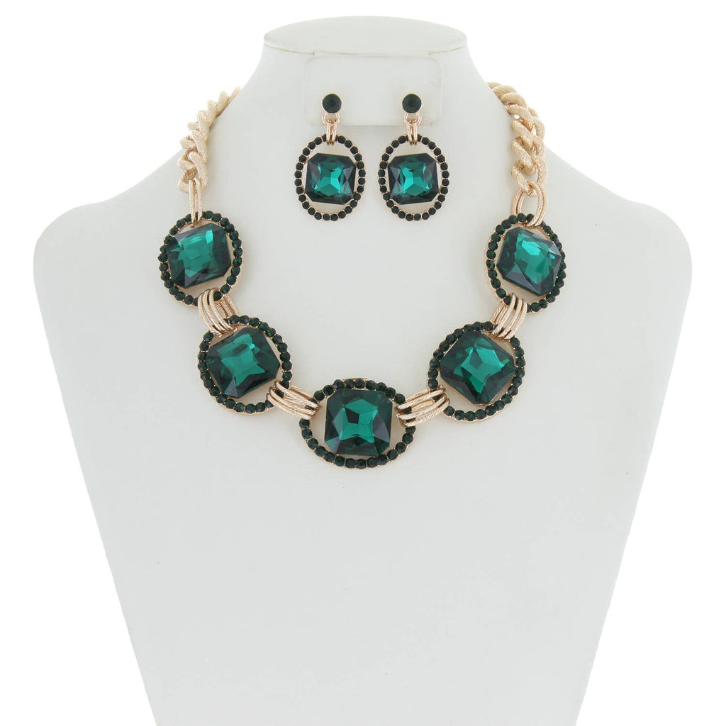 Chunky Oval Rhinestone Gem Link Necklace Set