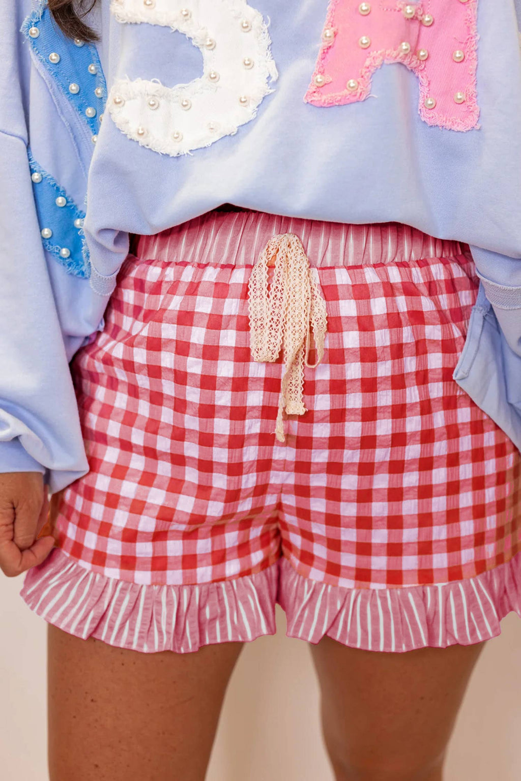 66 Floral Striped Ruffle Hem Lace Tie Shorts (S-XL)