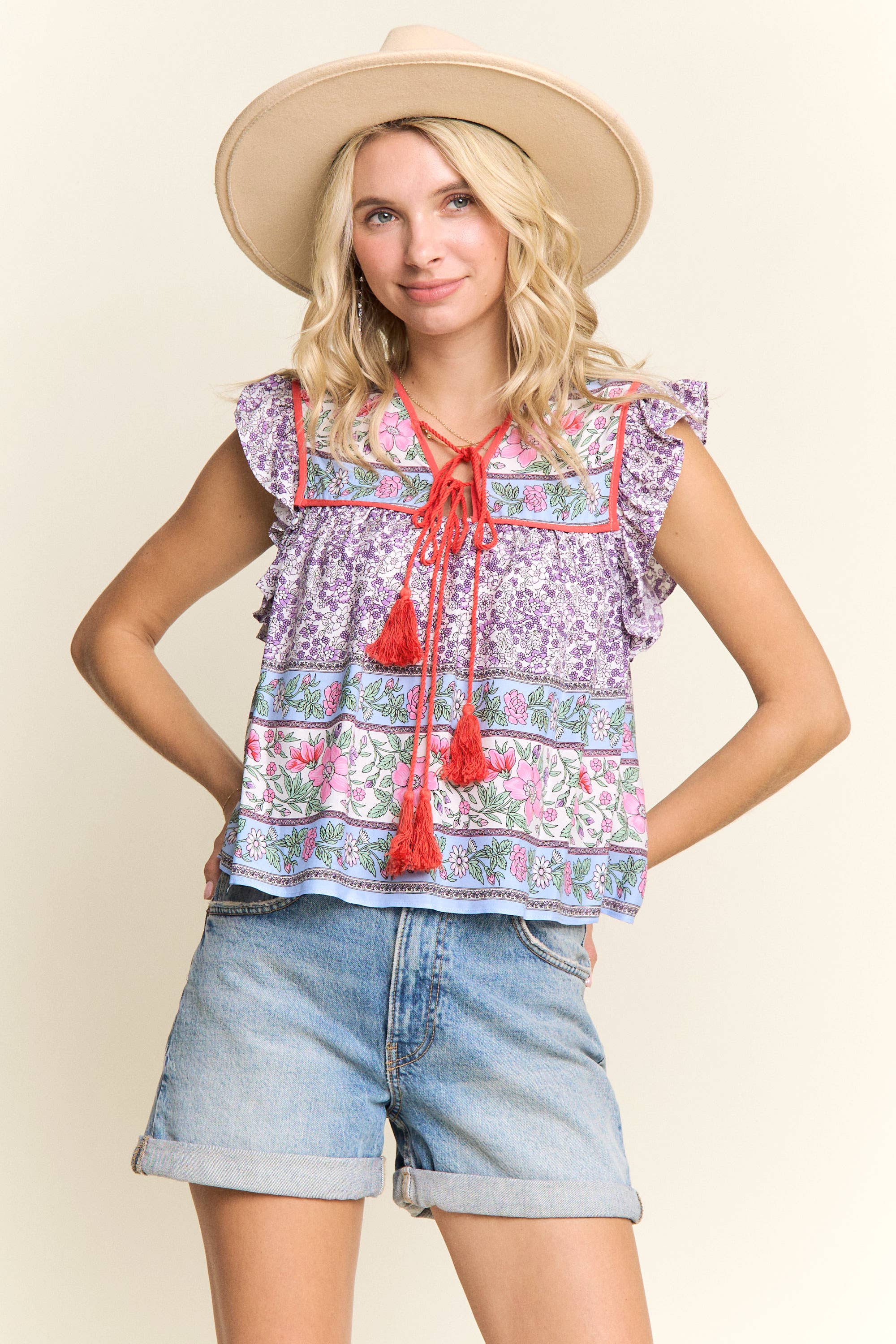 BOHO CONTRAST PRINT BLOUSE- LET2729