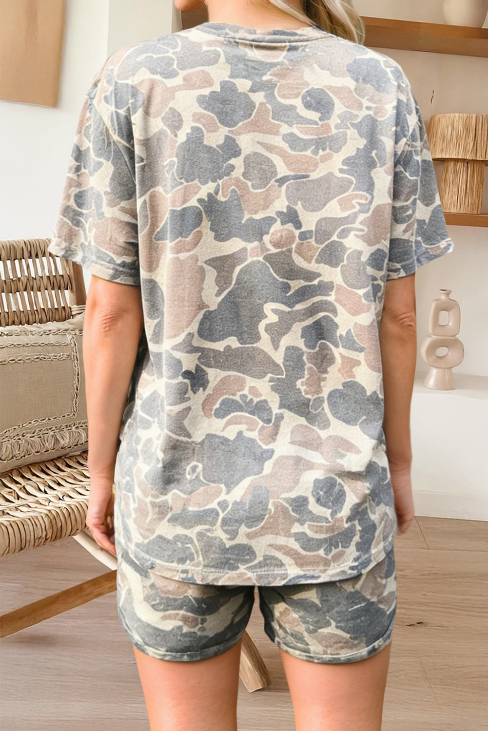 Camouflage Short Sleeve Top and Shorts Lounge Set (S-4X)