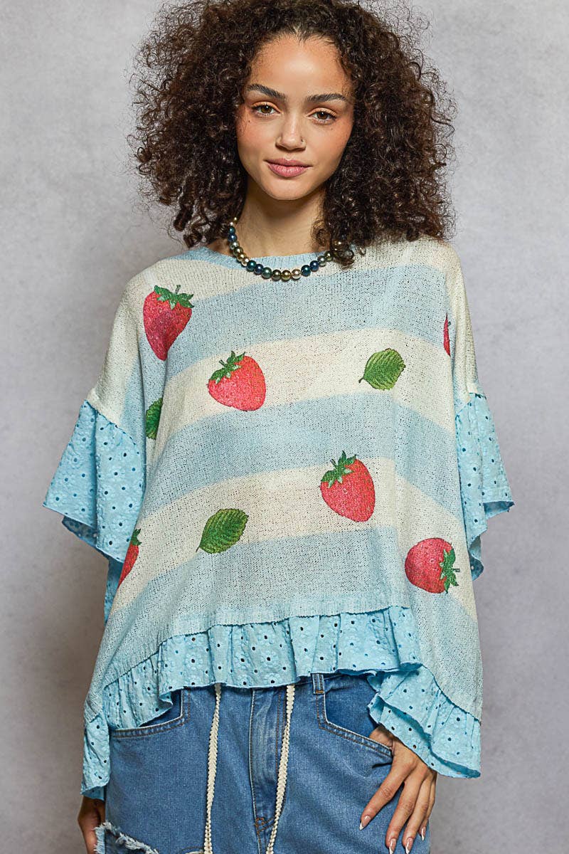 Round Neck Short Sleeve Strawberry Print Ruffle Sweater Top
