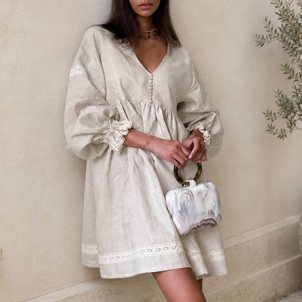Cotton linen French V-neck lantern sleeve dress