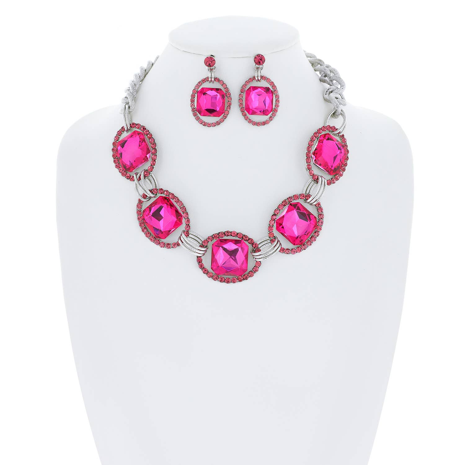 Chunky Oval Rhinestone Gem Link Necklace Set
