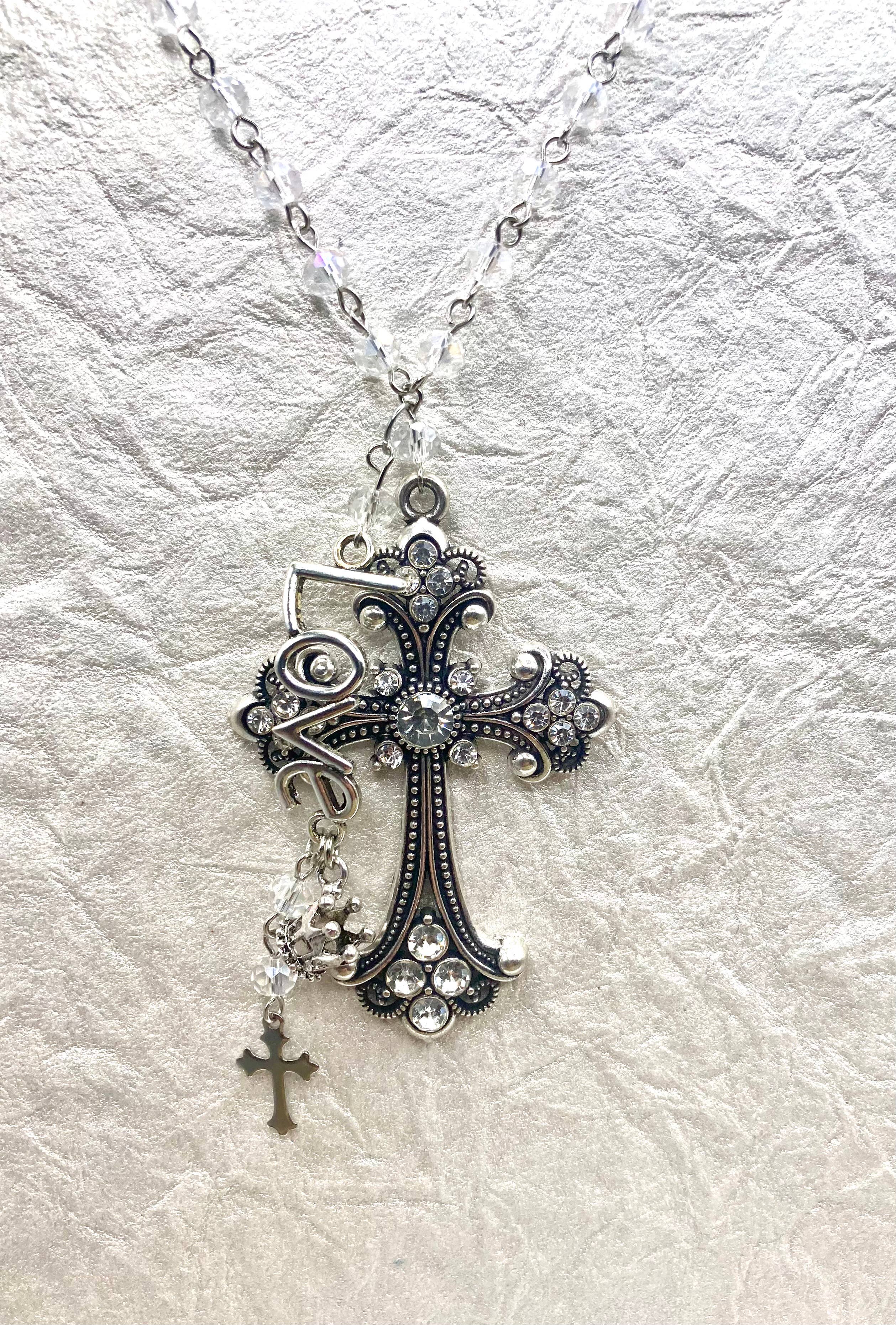 Silver Crystal Cross Charm Necklace