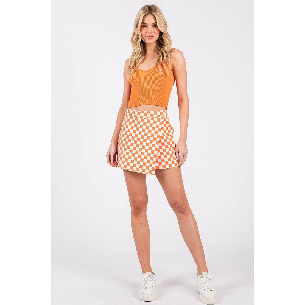GAME DAY CHECKERED OVERLAY WRAP FRONT MINI SKORT