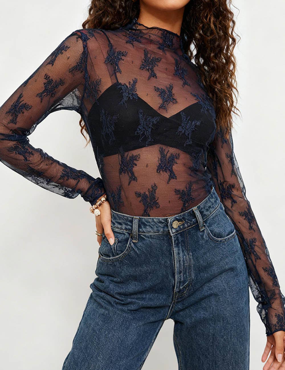 Lux Layering Floral Lace See Through Mesh Top SKT151