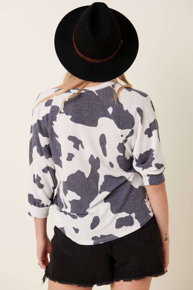 COW PRINT RAGLAN SLEEVE KNIT TOP