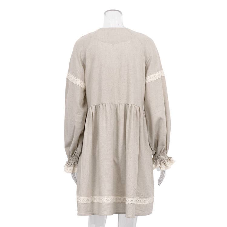 Cotton linen French V-neck lantern sleeve dress