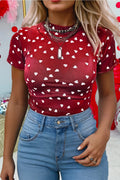 Hearts Allover Mock Neck Mesh Valentine's Day Top